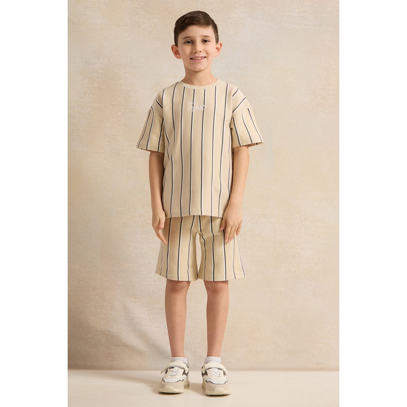 Boys Beige Striped Casual Set (2 Piece)