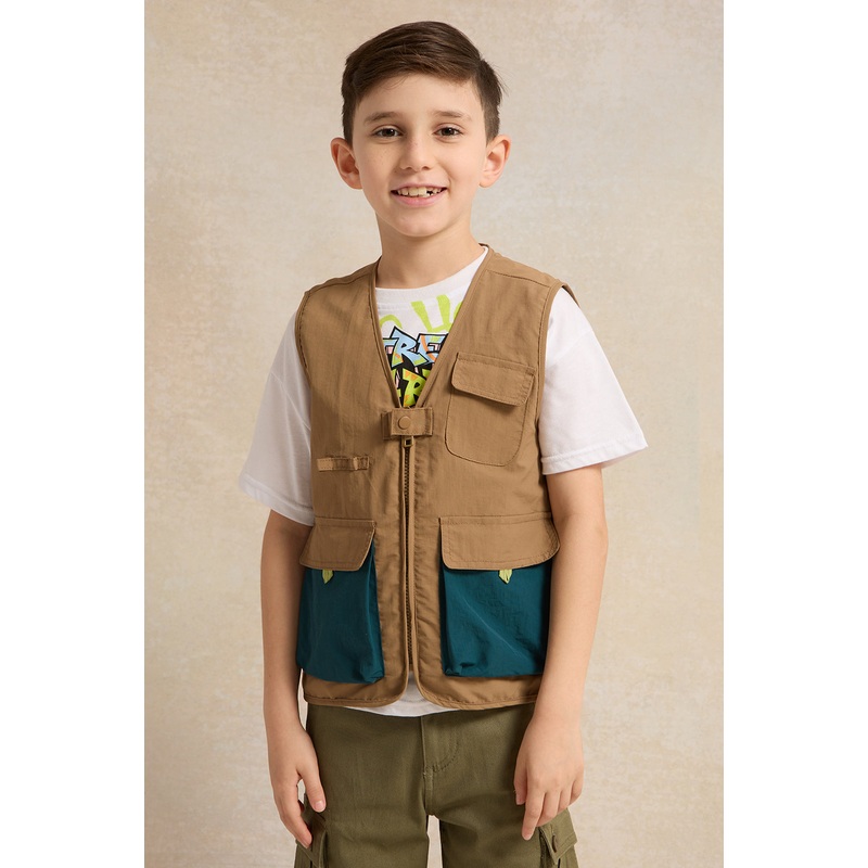 Boys Brown Vest And White Printed T-Shirt Set (2 Piece)