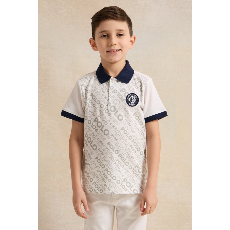 Boys White And Navy Printed Polo Shirt
