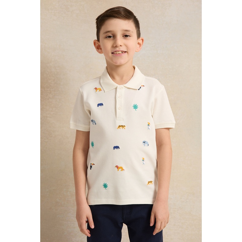 Boys White Embroidered Polo Shirt
