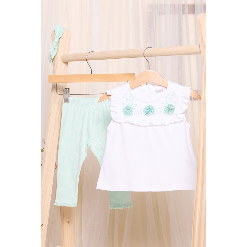 Infant Girls White And Teal Embroidered Casual Set (3 Piece)