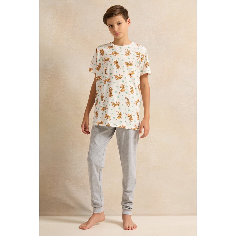 Senior Boys White And Grey Printed Pyjama Set (2 Piece)