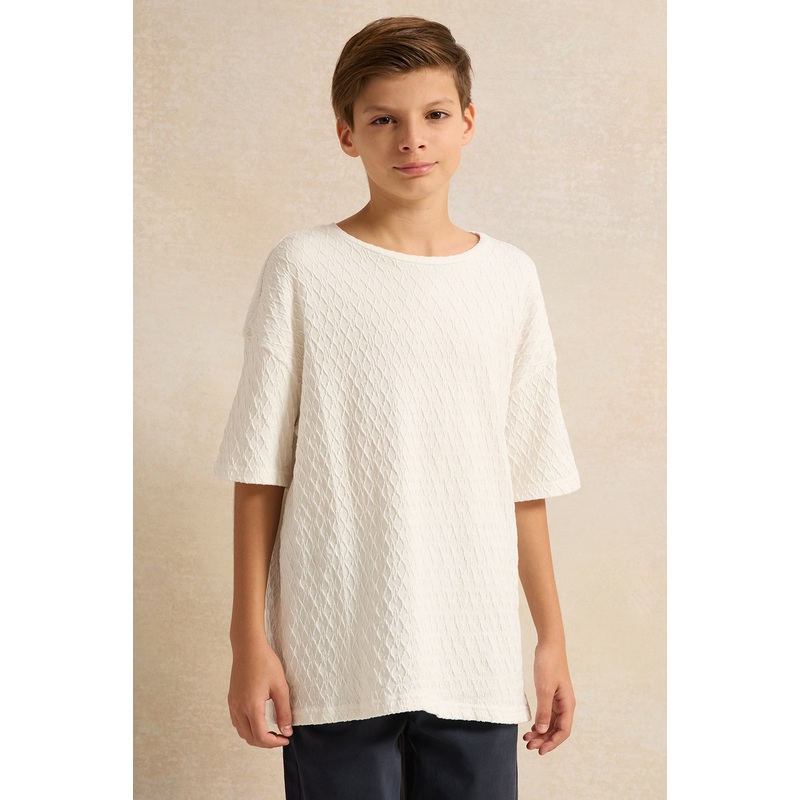 Senior Boys White Plain Jacquard Oversize T-shirt