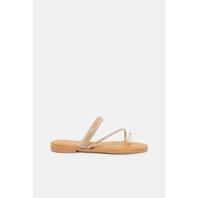 Women Beige And Gold Embellished Toe Ring Mule