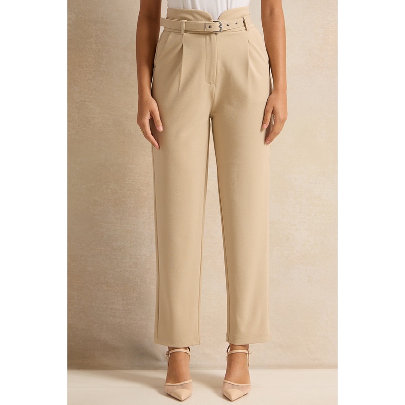 Women Beige Belted Tapered Trousers