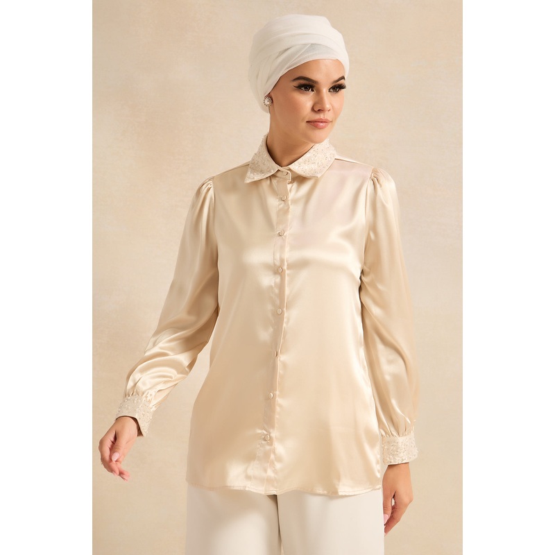 Women Beige Collared Front Buttoned Shirt