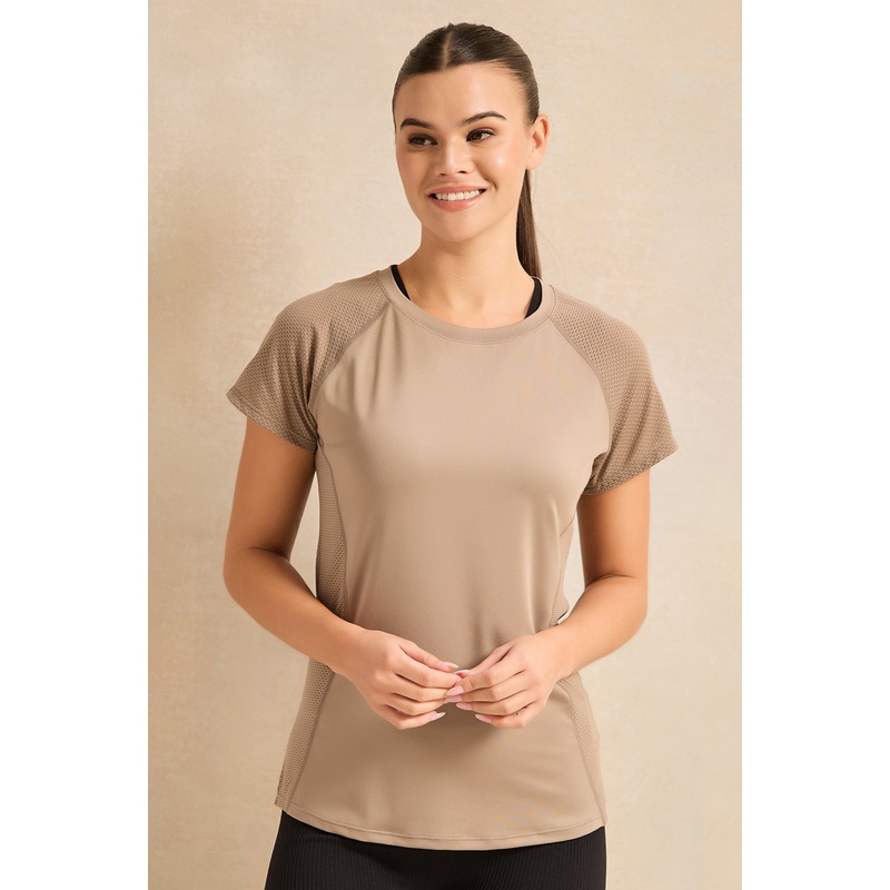 Women Beige Embellished Active T-Shirt