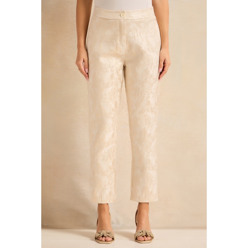Women Beige Jacquard Wide Leg Trousers