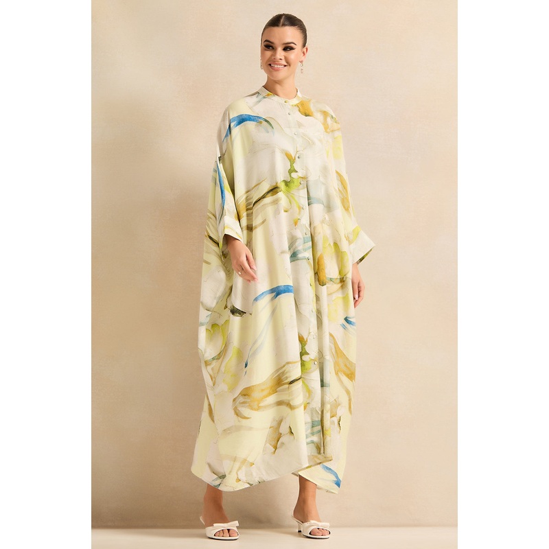 Women Beige Printed Button Front Kaftan Dress