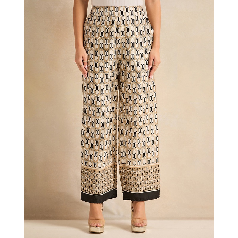 Women Beige Printed Wide Leg Trousers