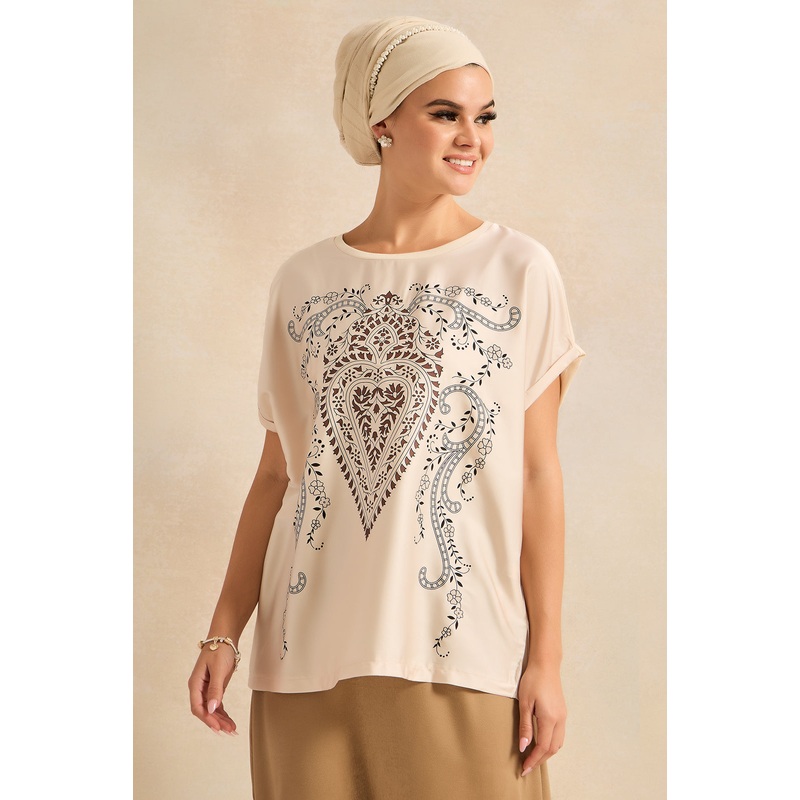 Women Beige Short Sleeve Embellished Top