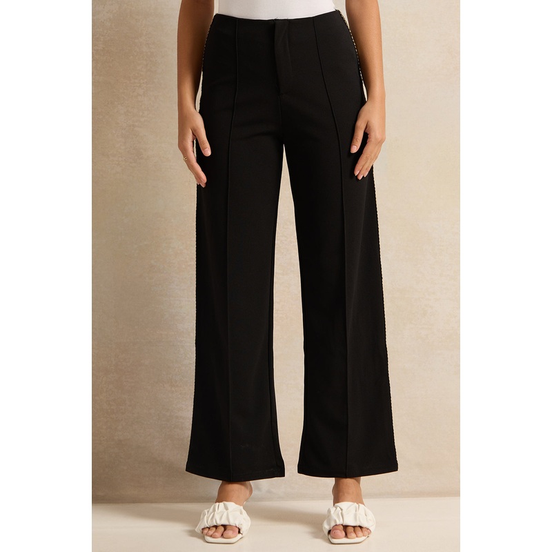 Women Black Side Gold Embellished Trousers