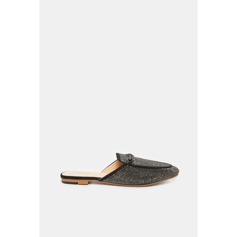 Women Black Stone Trim Loafer Mule