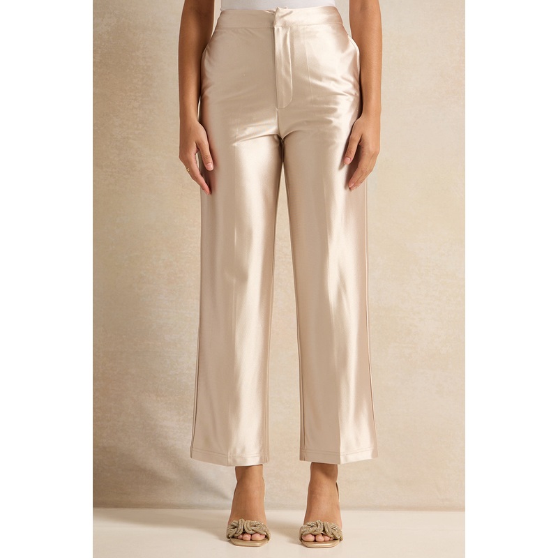 Women Gold Shiny Satin Trousers