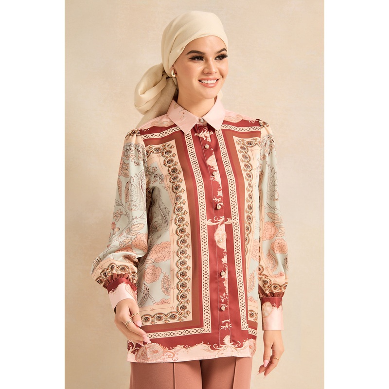 Women Ivory Printed Collared Shirt Blouse