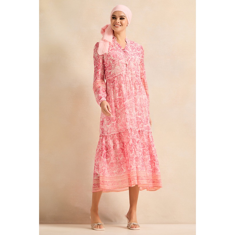 Women Pink Printed Long Tier Dress