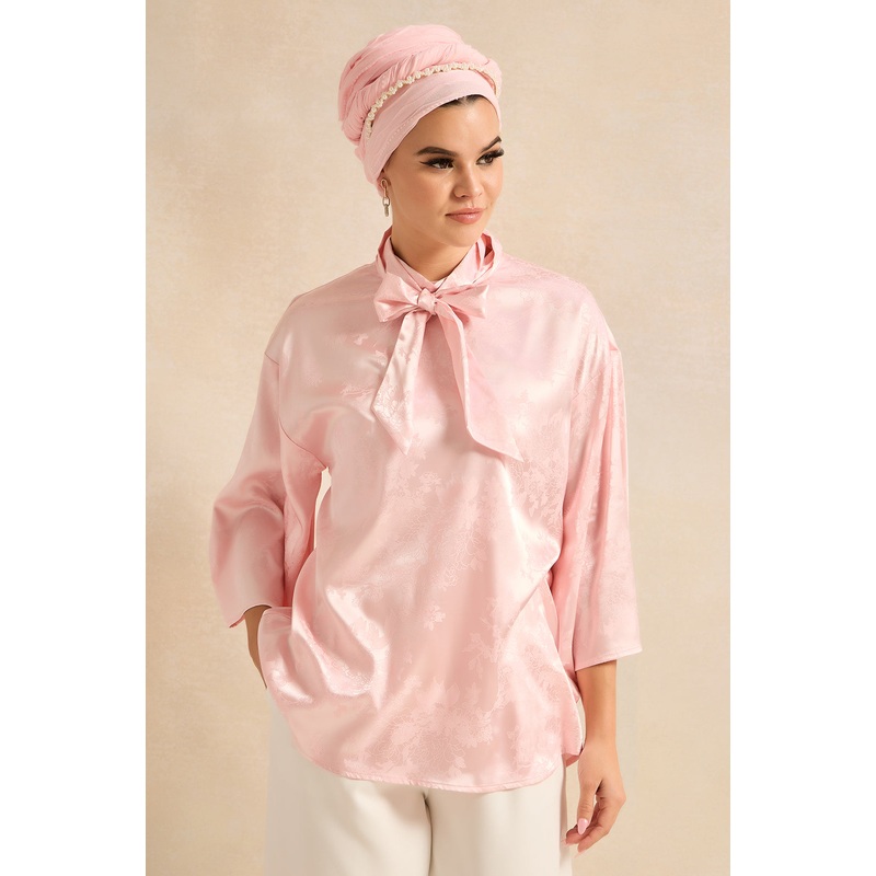 Women Pink Shirt With Front Neck Bow