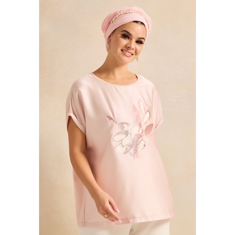 Women Pink Short Sleeved Embellished top