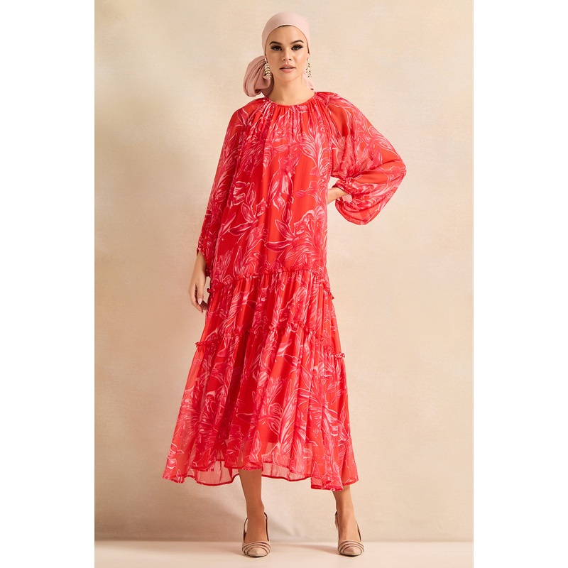 Women Red Printed Tier Dress|UK8|UK10|UK12|UK14|UK16|UK18
