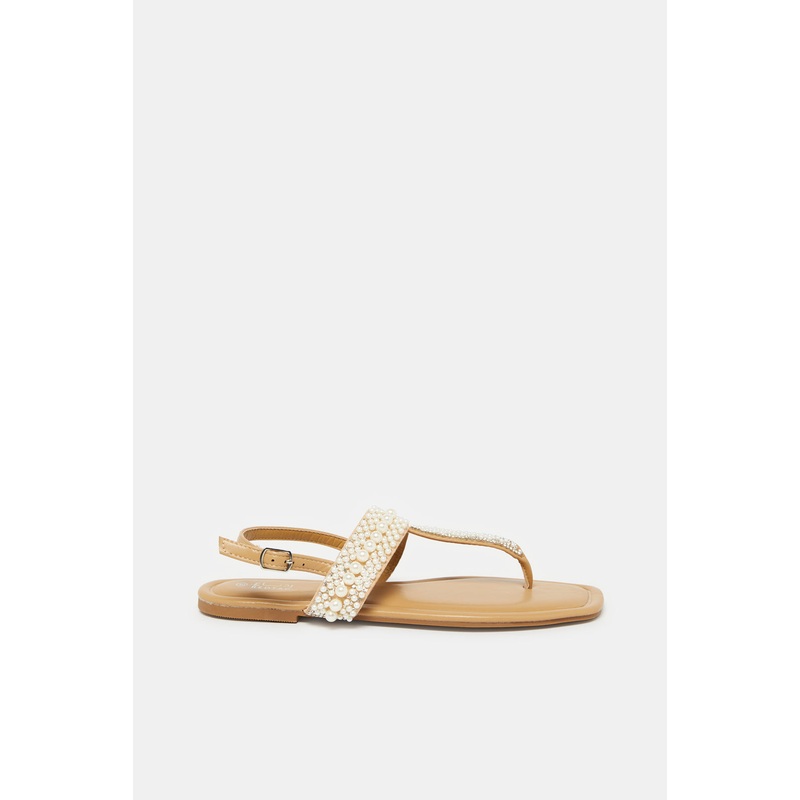 Women Taupe Pearl Trim Sandals