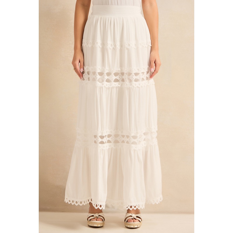 Women White Embellished Lace Skirt