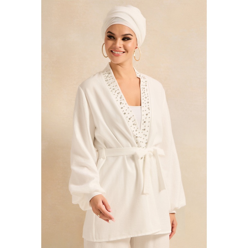 Women White Embellished Open Front Shirt