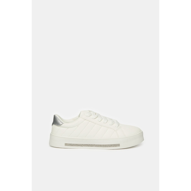 Women White Lace Up Embellished Sneakers