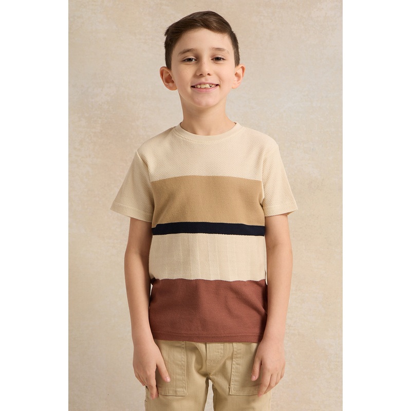 Boys Beige Striped  T-Shirt|2-3 Years|3-4 Years|4-5 Years|5-6 Years|6-7 Years|7-8 Years