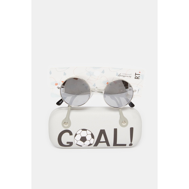 Boys Grey Round Sunglasses With Printed Case