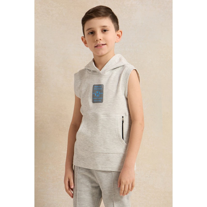 Boys Grey Sleeve Less Hooded T-shirt