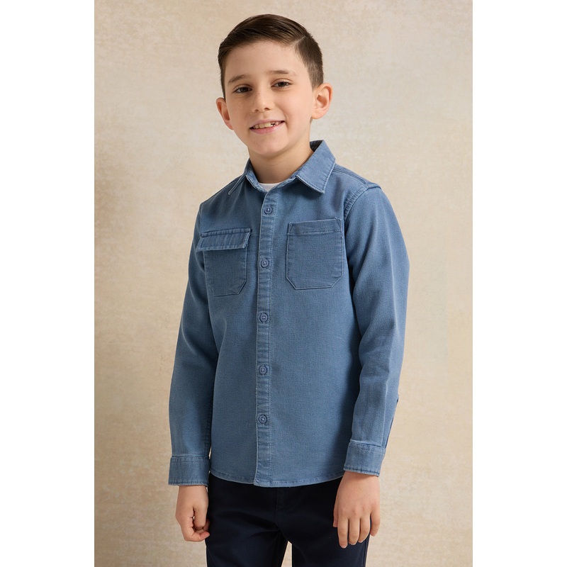 Boys White And Blue Denim Shirt With T-Shirt (2 Piece)