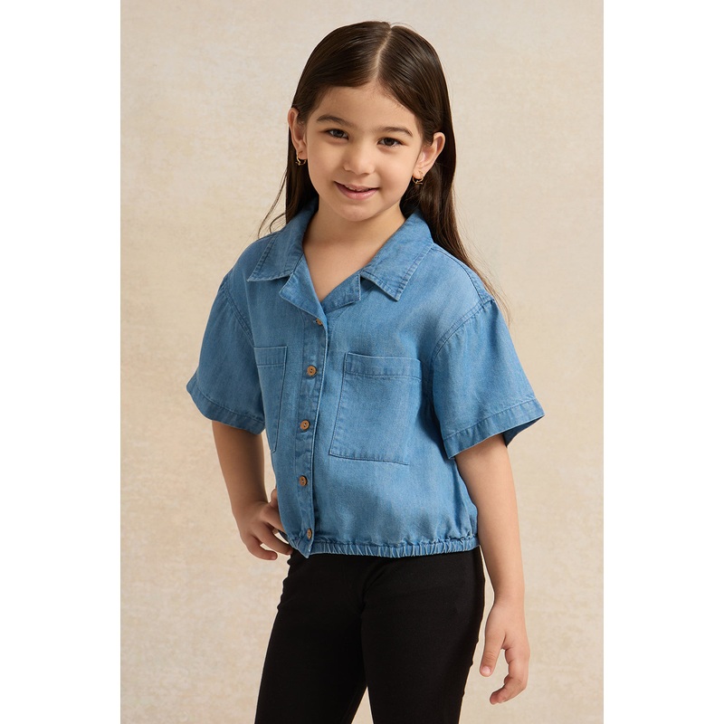 Girls Blue Button Front Denim Blouse