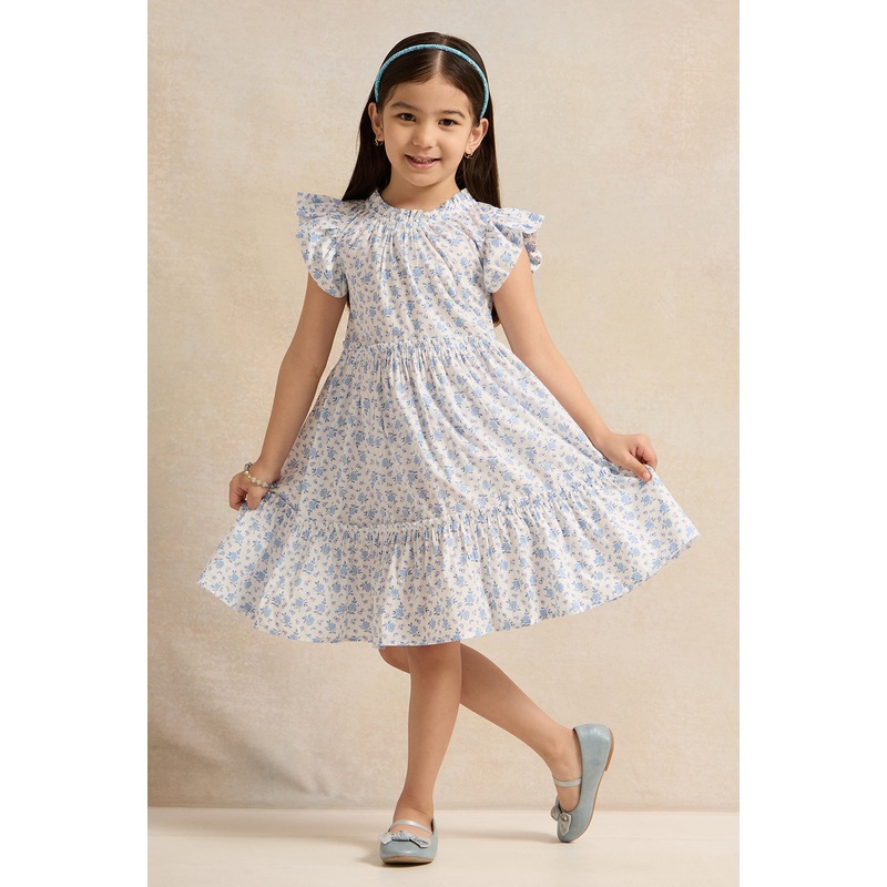 Girls Blue Frill Sleeves Allover Print Dress
