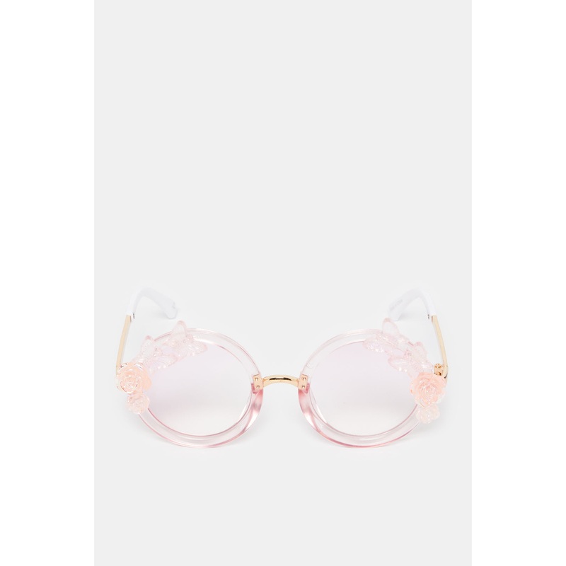 Girls Gold And Pink Round Embellished Sunglasses