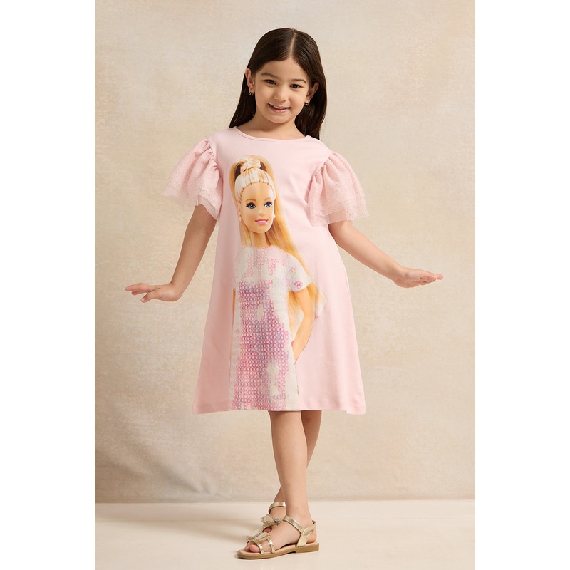 Girls Pink Barbie Mesh Frill Sleeves Dress