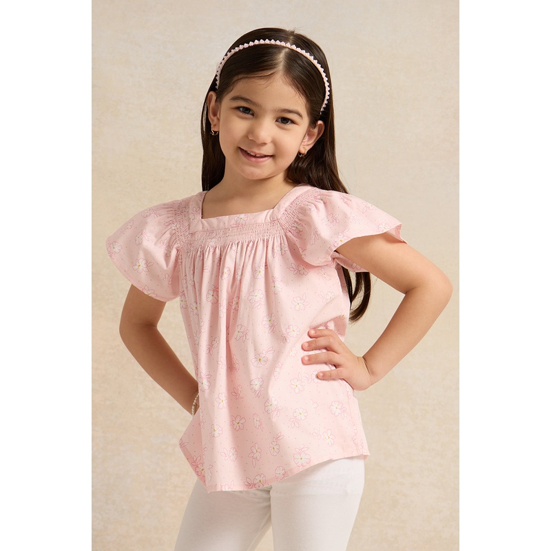 Girls Pink Floral Flutter Sleeve Woven Blouse