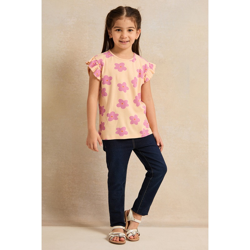 Girls Pink Flower Rib Frill Sleeve T-Shirt