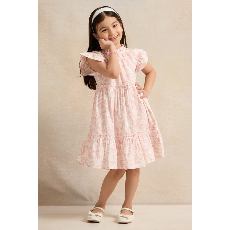 Girls Pink Frill Sleeves Allover Print Dress