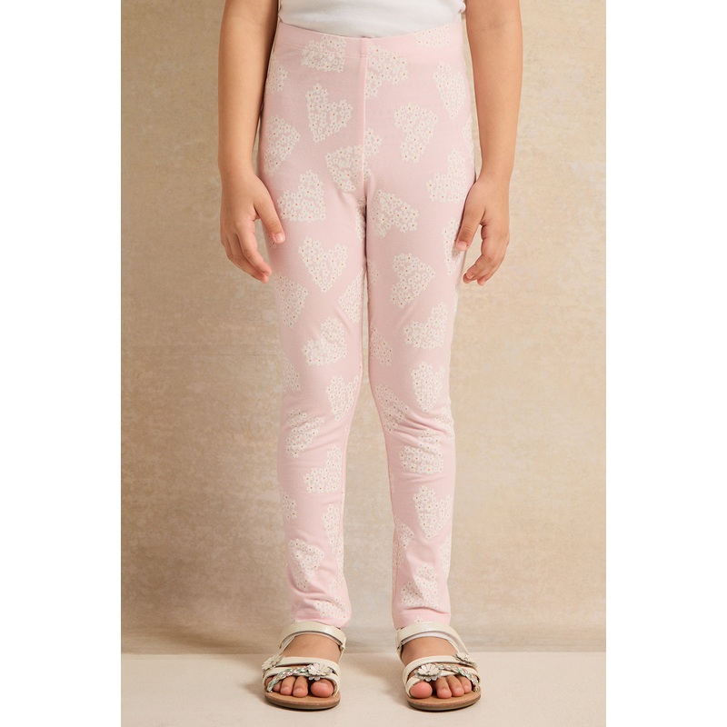 Girls Pink Heart Floral Printed Leggings