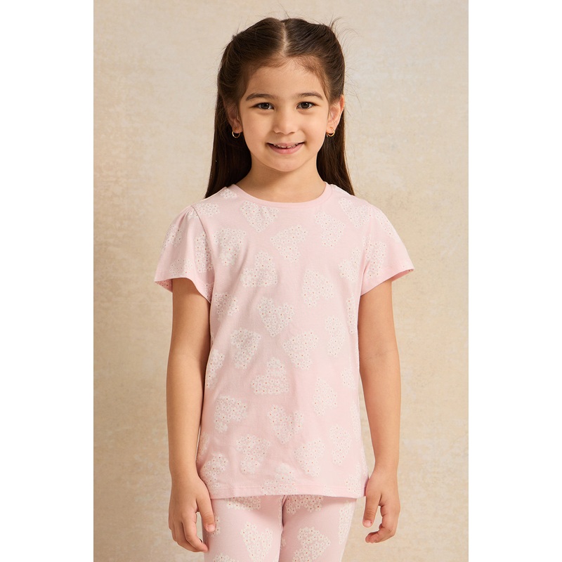 Girls Pink Heart Floral Printed  T-Shirt