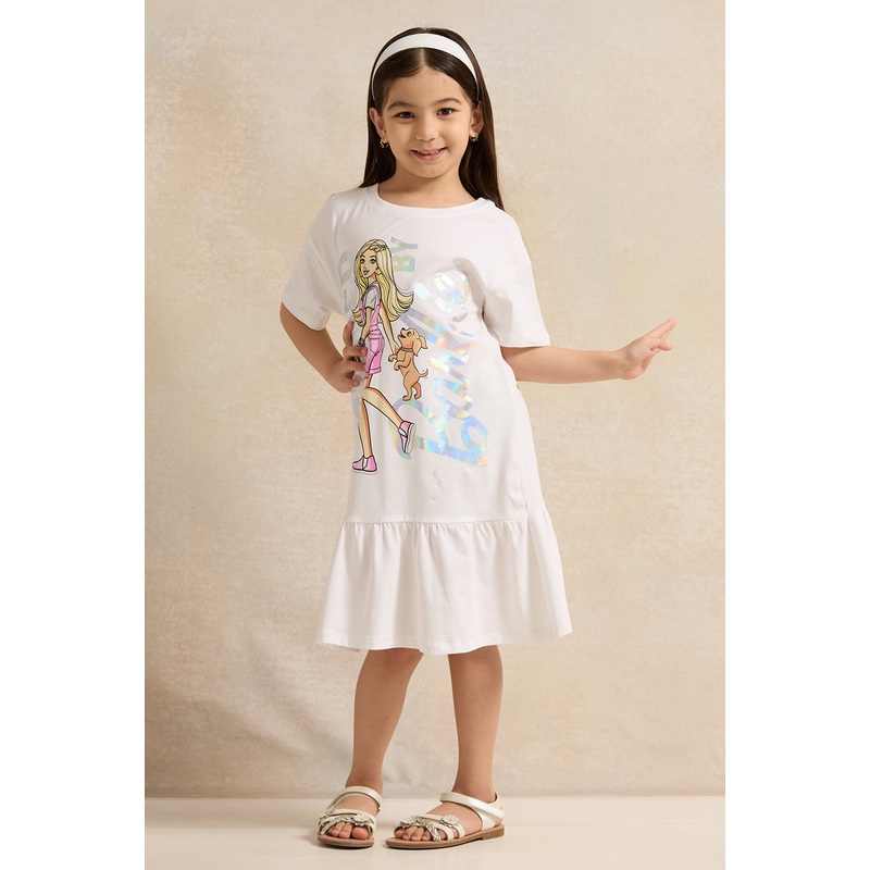 Girls White Barbie Placement Print Dress