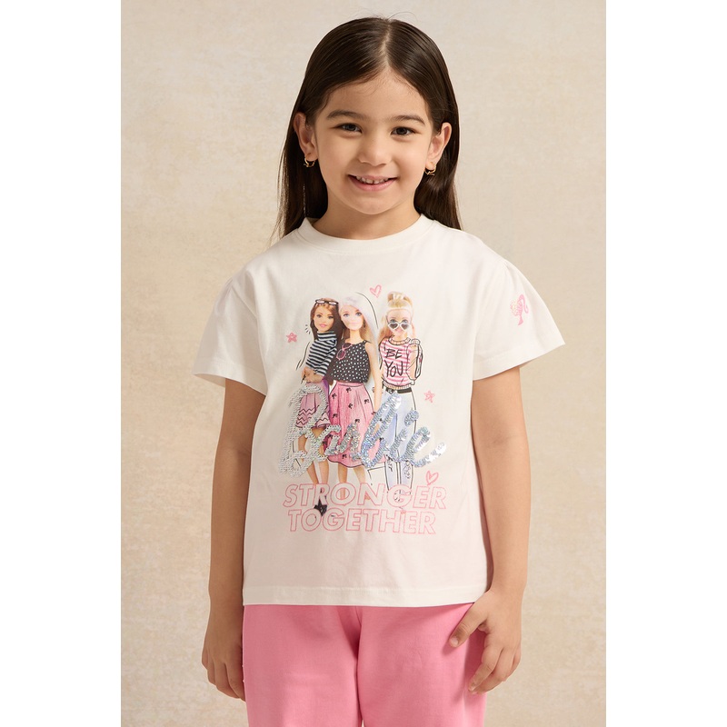 Girls White Barbie Sequins Placement Print T Shirt