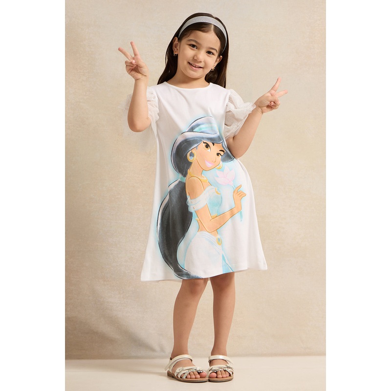 Girls White Princess Jasmine Mesh Frill Sleeves Dress