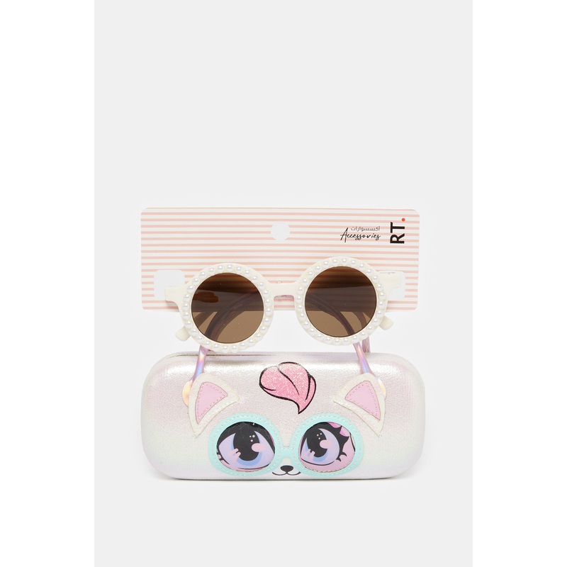 Girls White Round Sunglasses With Embellished Case