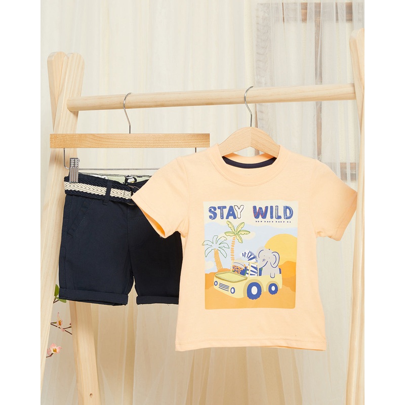 Infant Boys Peach And Navy Printed Set (2 Piece)