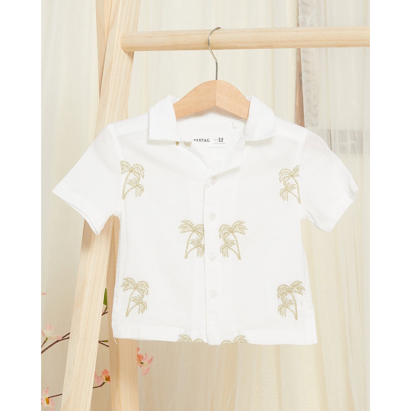 Infant Boys White Palm Embroidered Shirt