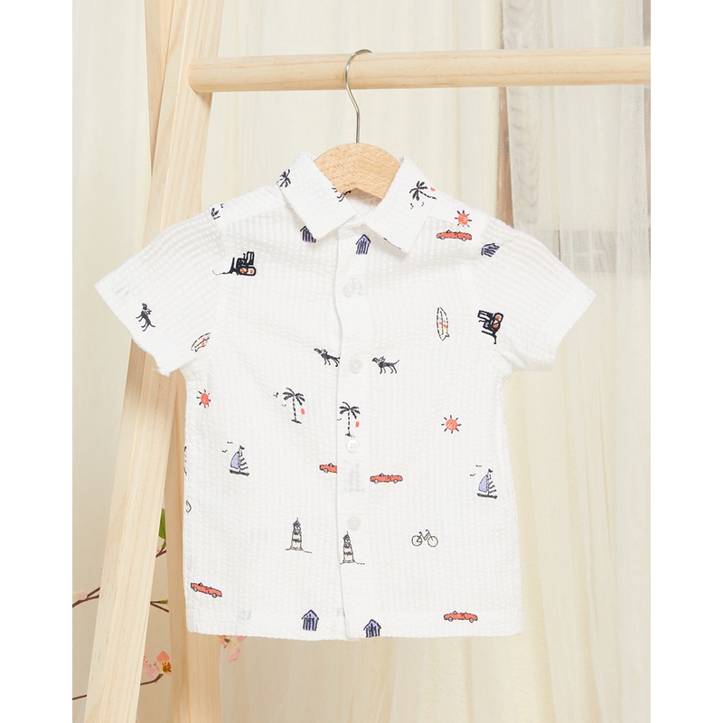 Infant Boys White Seersucker Printed Shirt