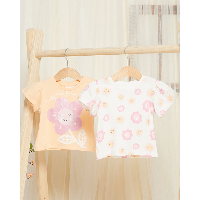 Infant Girls White And Orange Printed T-Shirt Pack Of (2 Piece)
