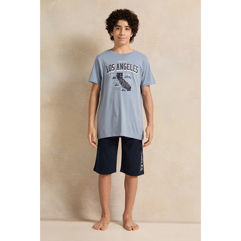 Senior Boys Blue La City Name Basic Night suit Set (2 Piece)
