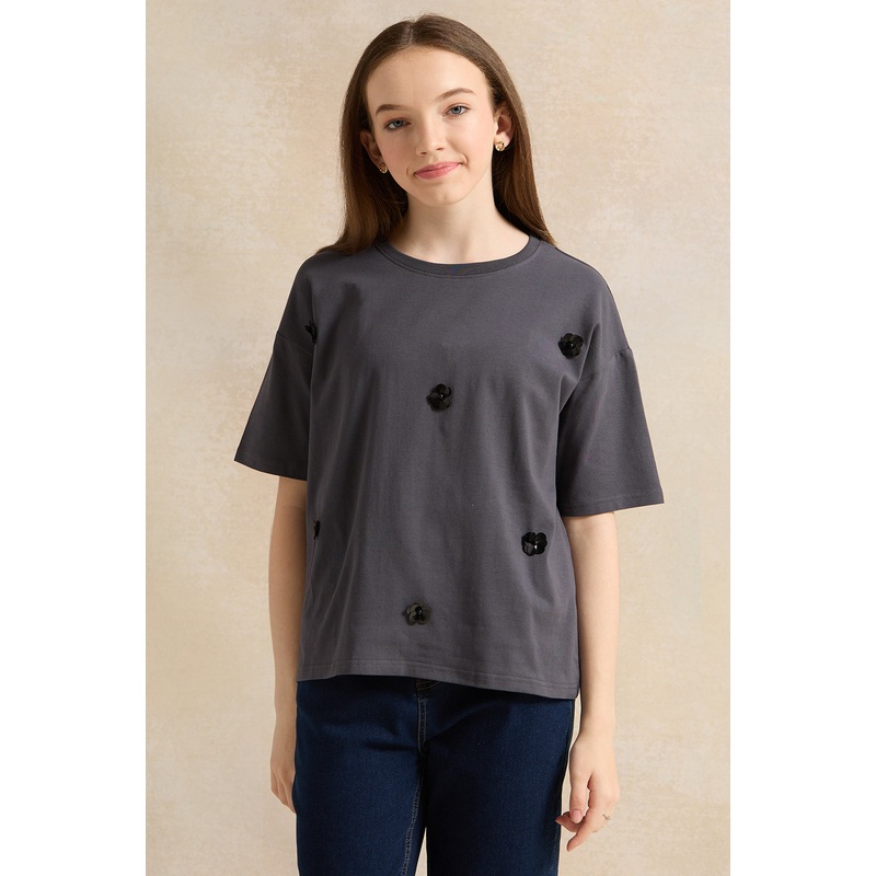 Senior Girls Black Floral Embellished Top